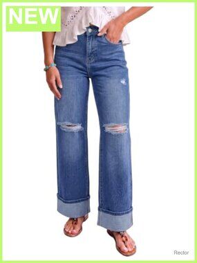 Wide Leg High Waisted Stretchy Ripped Denim Jeans Distressed Pants